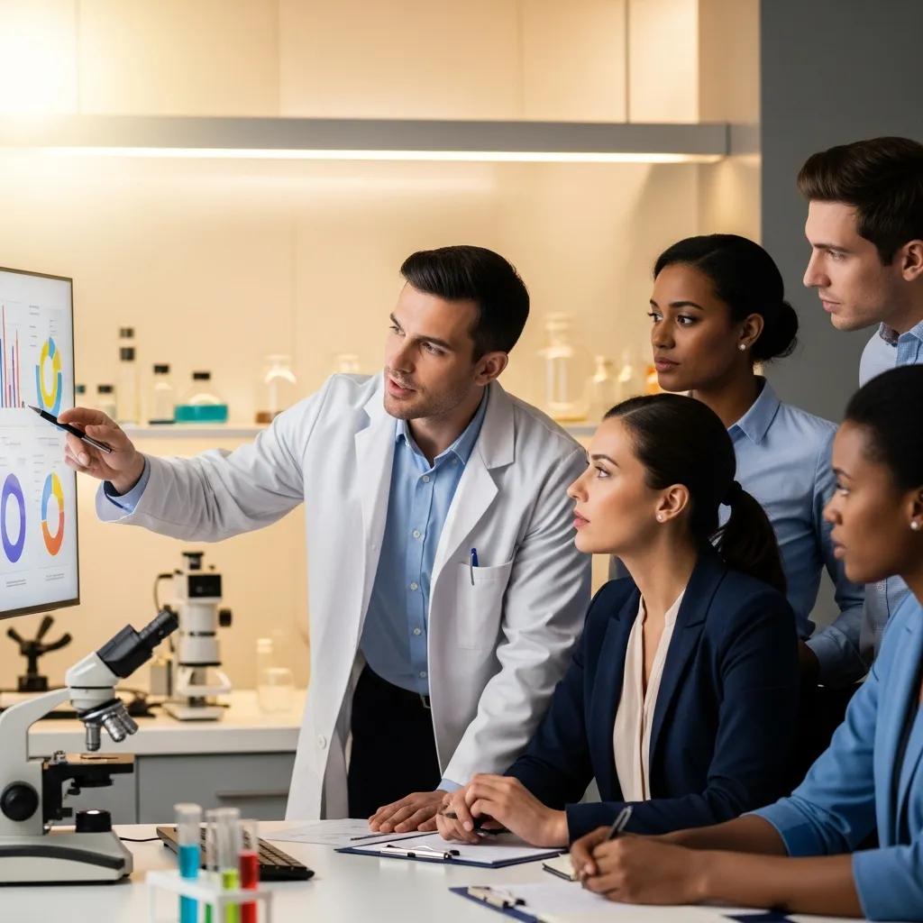 Researchers discussing findings from tesamorelin clinical trials in a collaborative environment