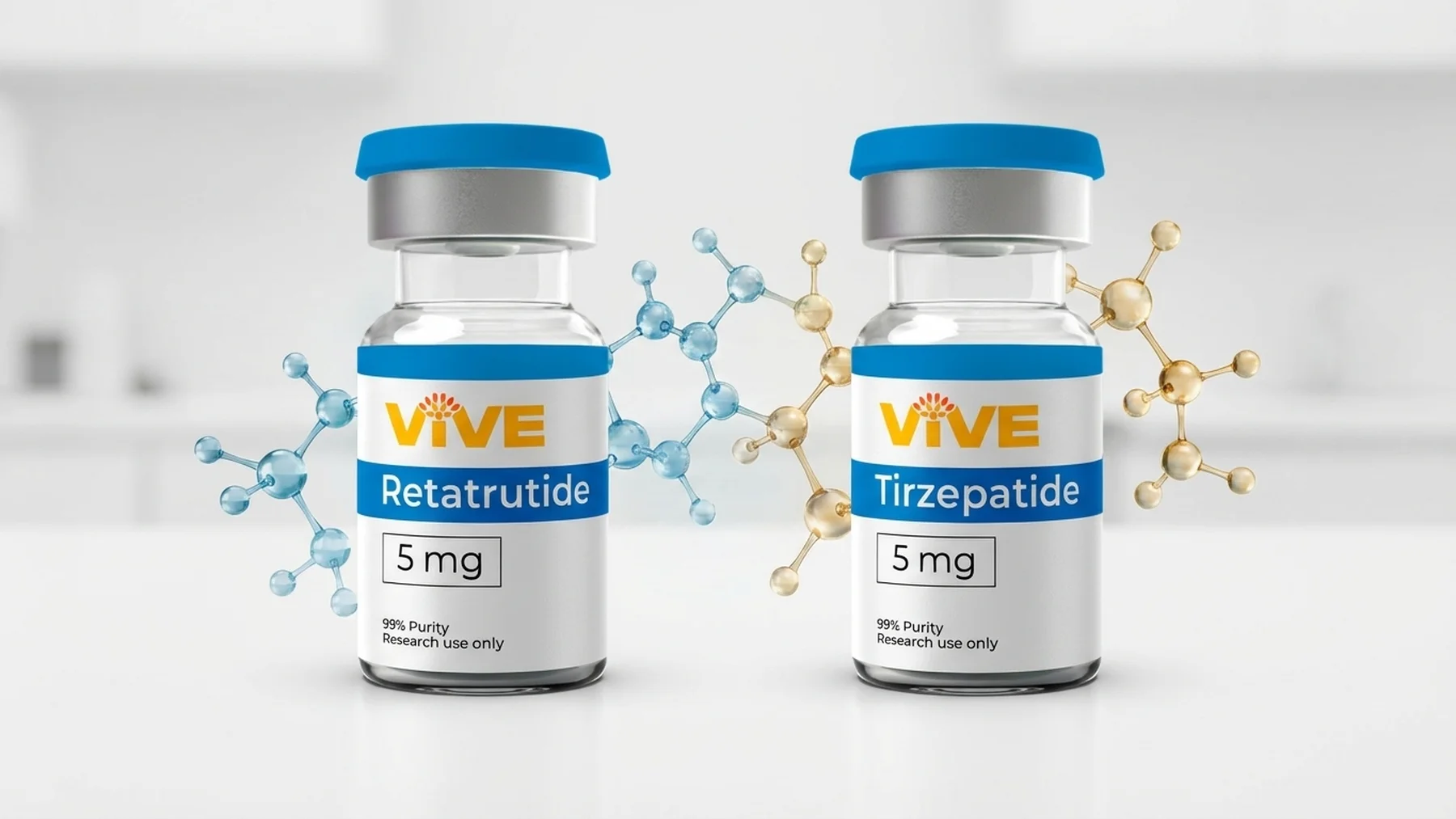 Two peptide research vials side by side with floating molecular structures in a lab setting