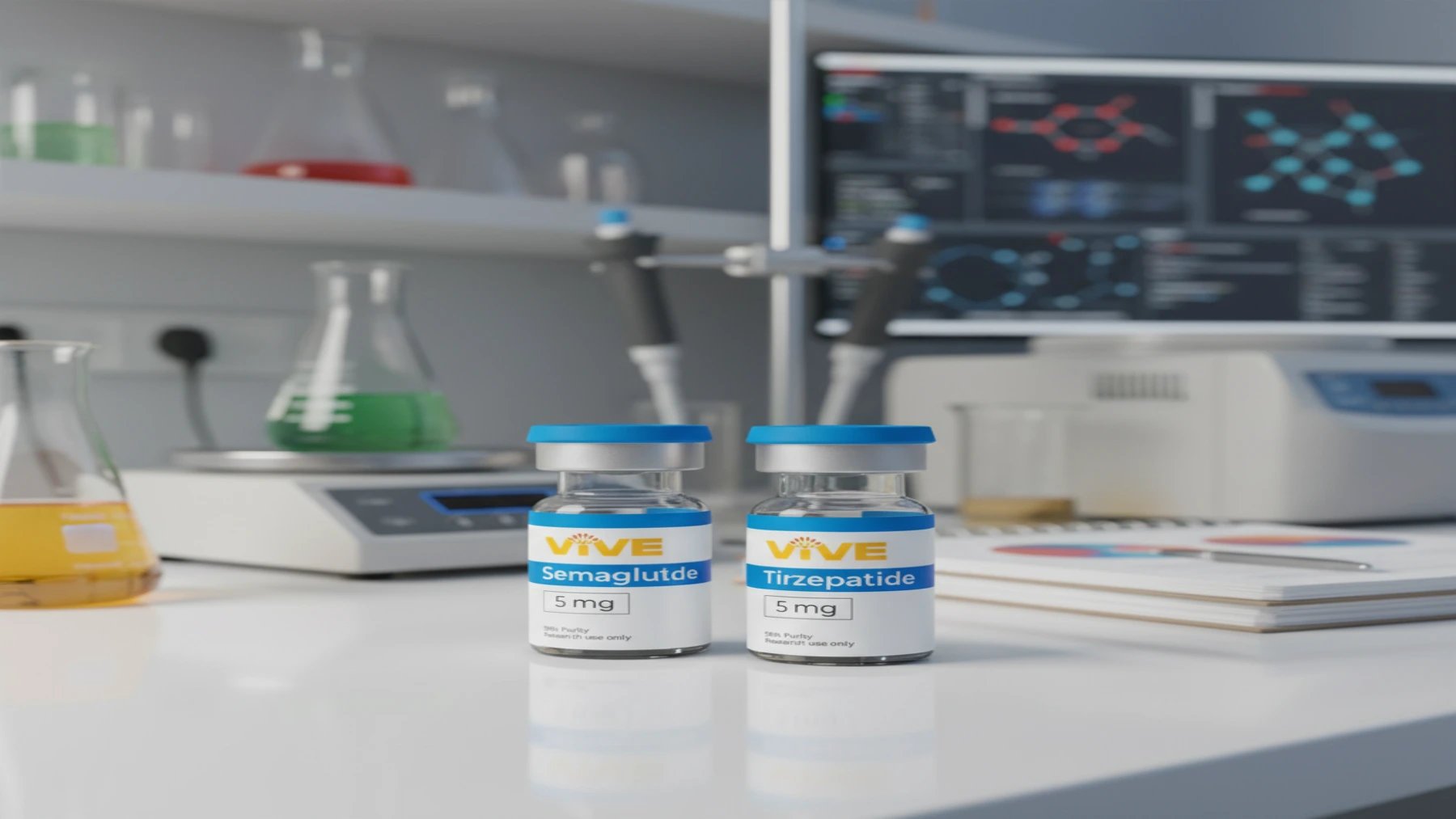 Research peptide vials in a professional laboratory setting: VivePeptides weight loss research