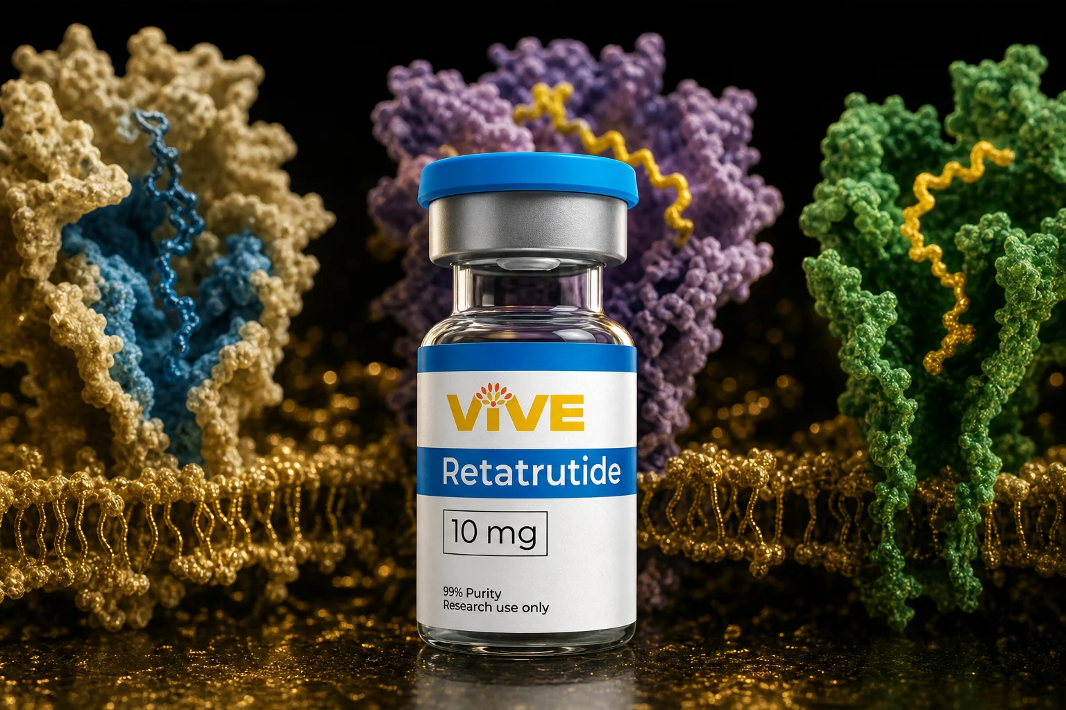 Photorealistic scientific visualization of three overlapping molecular receptor pathway diagrams representing GLP-1, GIP, and glucagon receptor activation side by side, dark laboratory background with gold accent lighting, no text labels or watermarks, abstract molecular biology aesthetic