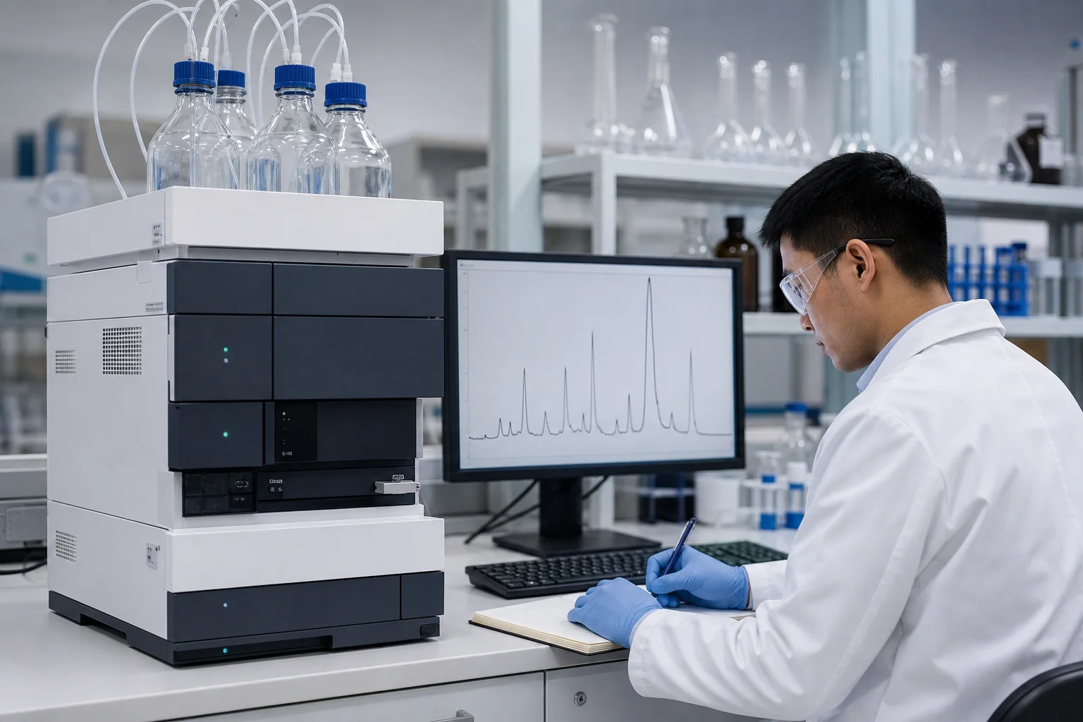 HPLC chromatography equipment in an analytical chemistry laboratory used to verify peptide purity across 25 research compounds in the VivePeptides 2026 benchmark