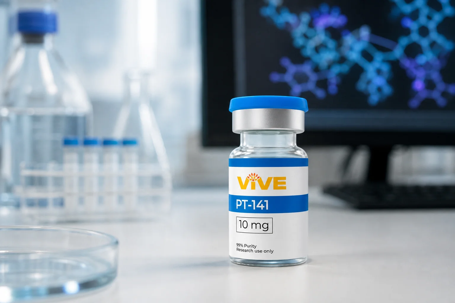 VivePeptides vial in a neuroscience research laboratory setting for what is PT-141 bremelanotide research guide
