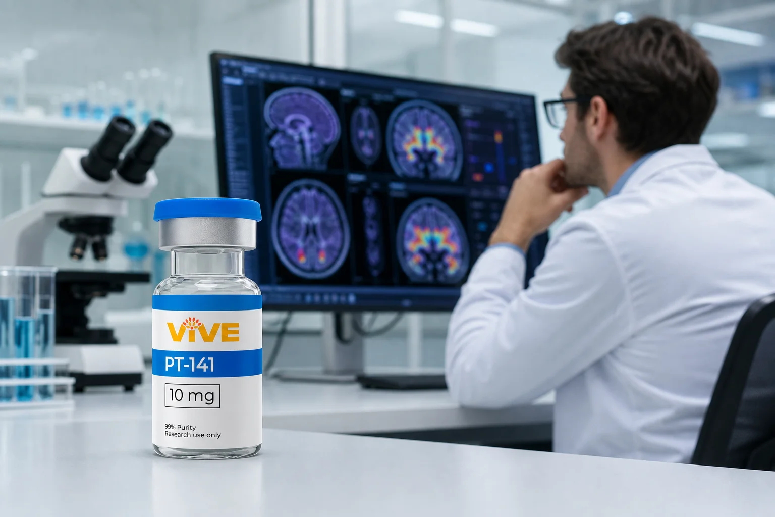 Neuroscience researcher reviewing brain imaging data relevant to melanocortin receptor activity and sexual arousal pathways