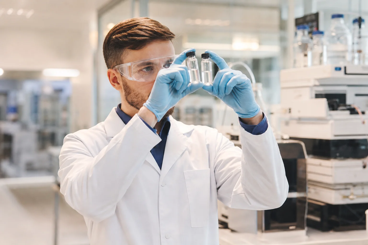 Research scientist in a modern laboratory examining peptide research vials, illustrating the growth hormone secretagogue dual-pathway activation approach