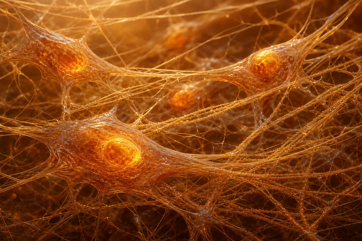 Photorealistic close-up of fibroblast cells producing collagen fibers within the extracellular matrix during skin tissue repair