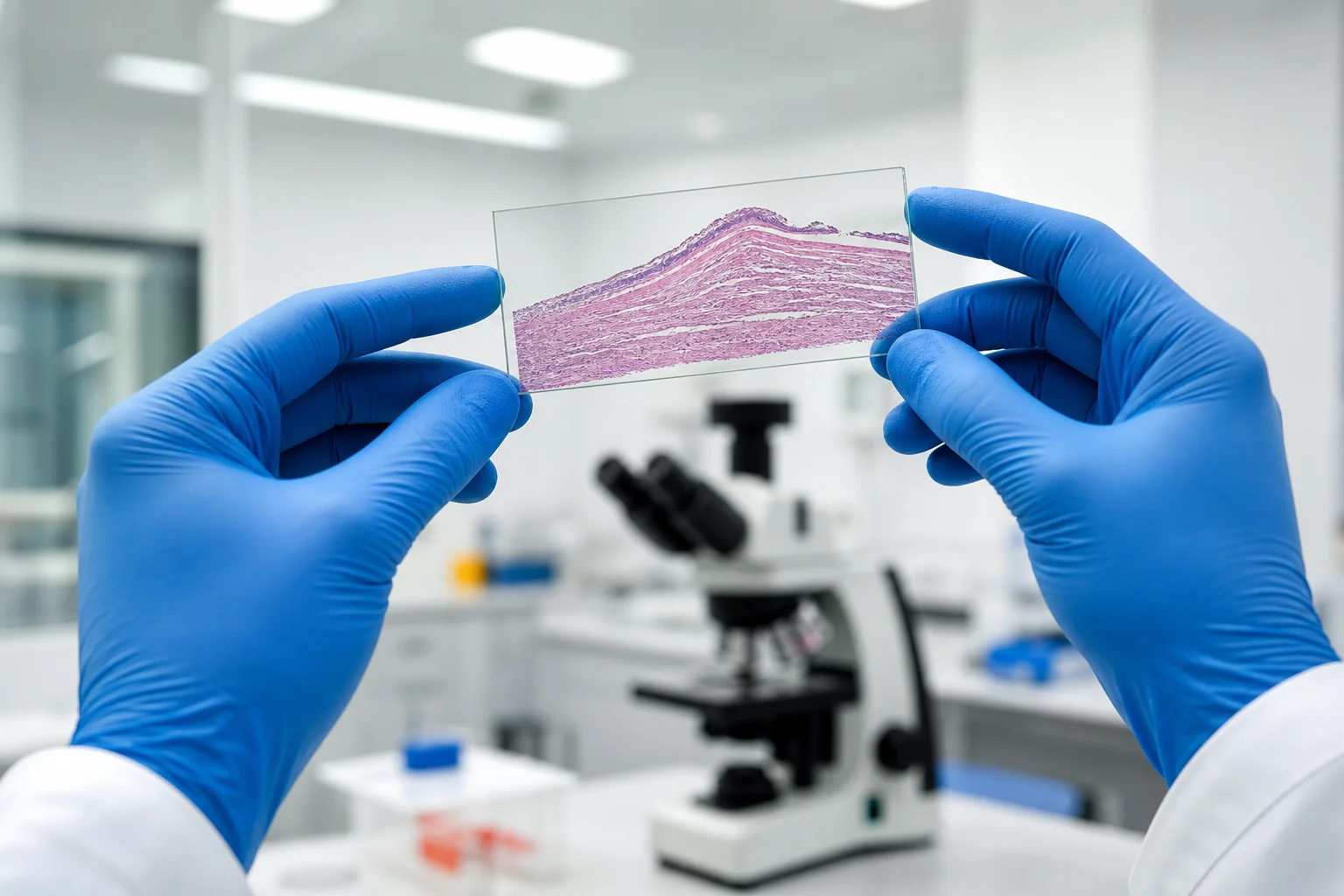 Researcher examining connective tissue slides in a modern laboratory setting for peptide therapy research