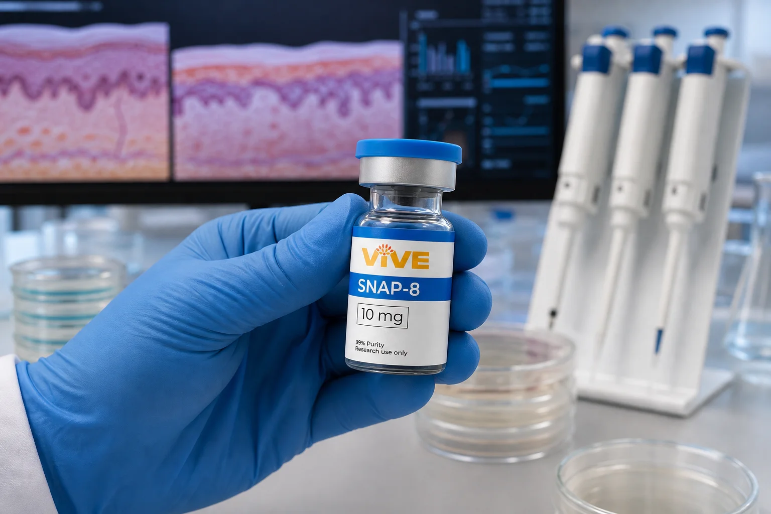 Scientist in a controlled research laboratory examining topical peptide serum samples under magnification, with dermal tissue specimens and collagen production assay results visible in the background