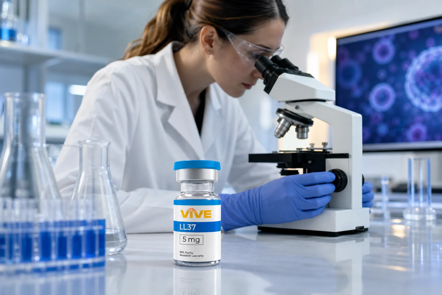 Researcher examining samples under a microscope representing immune response and dendritic cell research