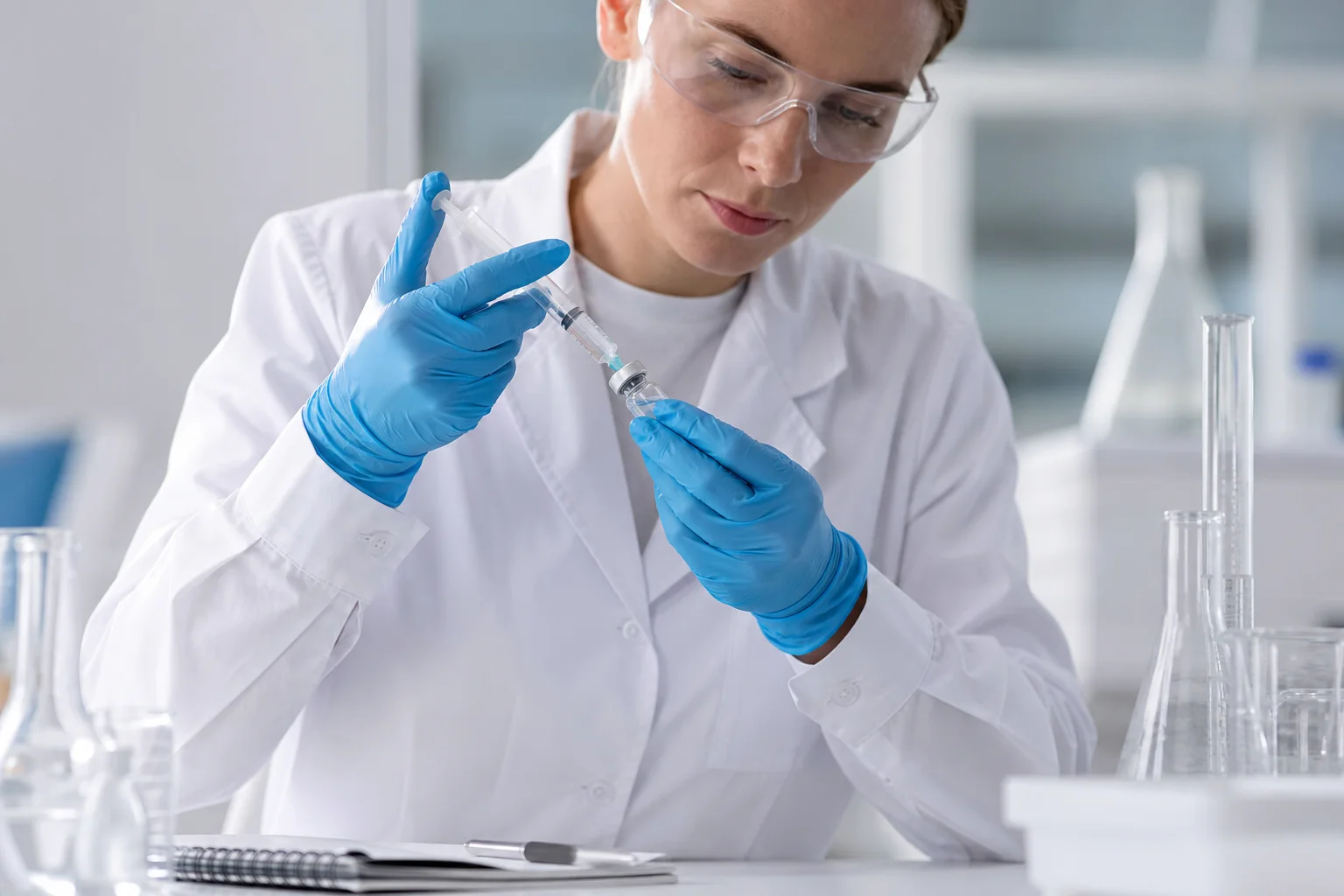 Scientist reconstituting a lyophilized research peptide with bacteriostatic water in a clean laboratory, illustrating standard reconstitution for VivePeptides research compounds