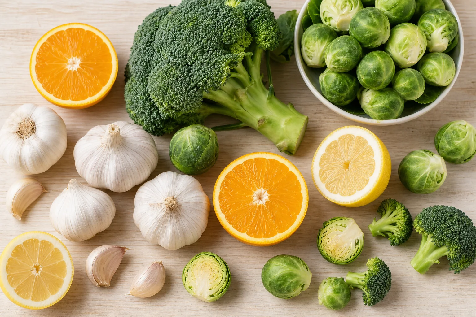 Fresh sulfur rich vegetables and citrus fruits that support glutathione production