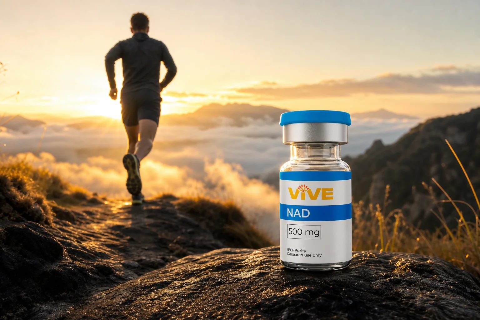 Runner at sunrise symbolizing cellular energy metabolism connected to NAD+ research