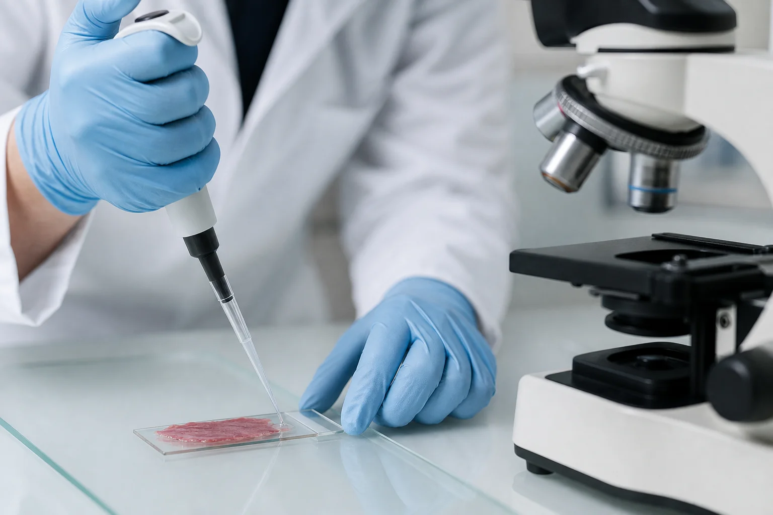 Researcher using a micropipette beside a microscope with a muscle tissue sample slide in a research lab