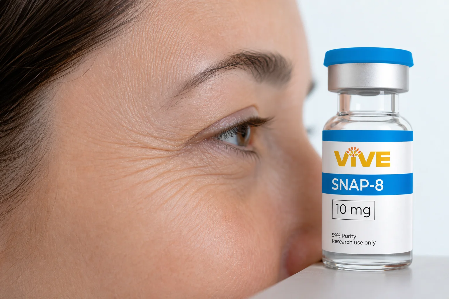 Close-up of fine lines and expression lines around the eyes illustrating facial muscle movement targeted in SNAP-8 research