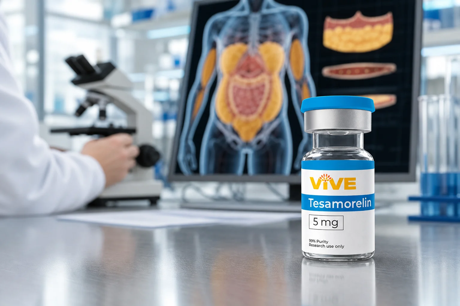 Laboratory visualization comparing visceral adipose tissue and subcutaneous fat relevant to AOD-9604 and Tesamorelin metabolic research