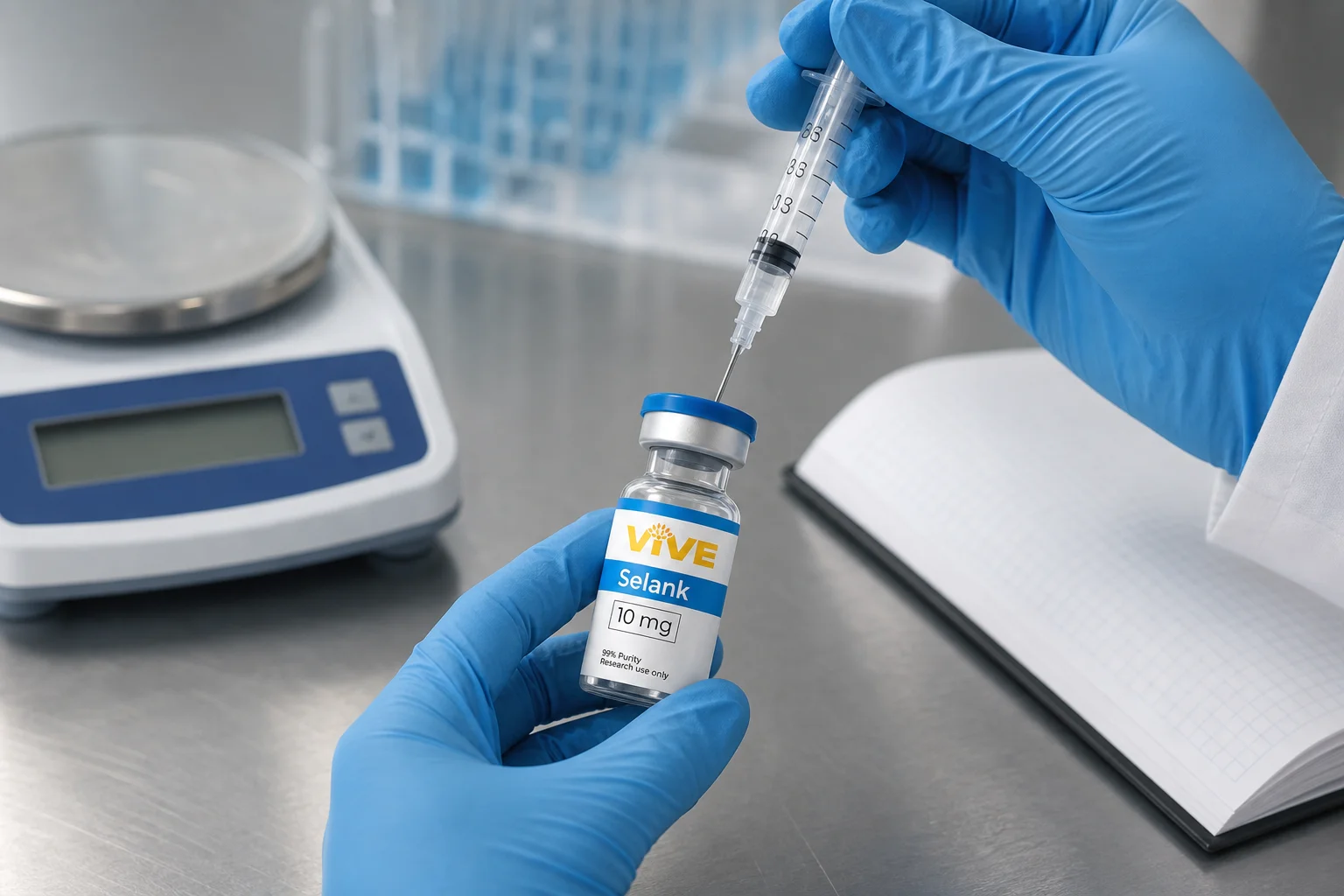 Researcher reconstituting a VivePeptides Selank vial with bacteriostatic water to illustrate precise dosing protocol variables
