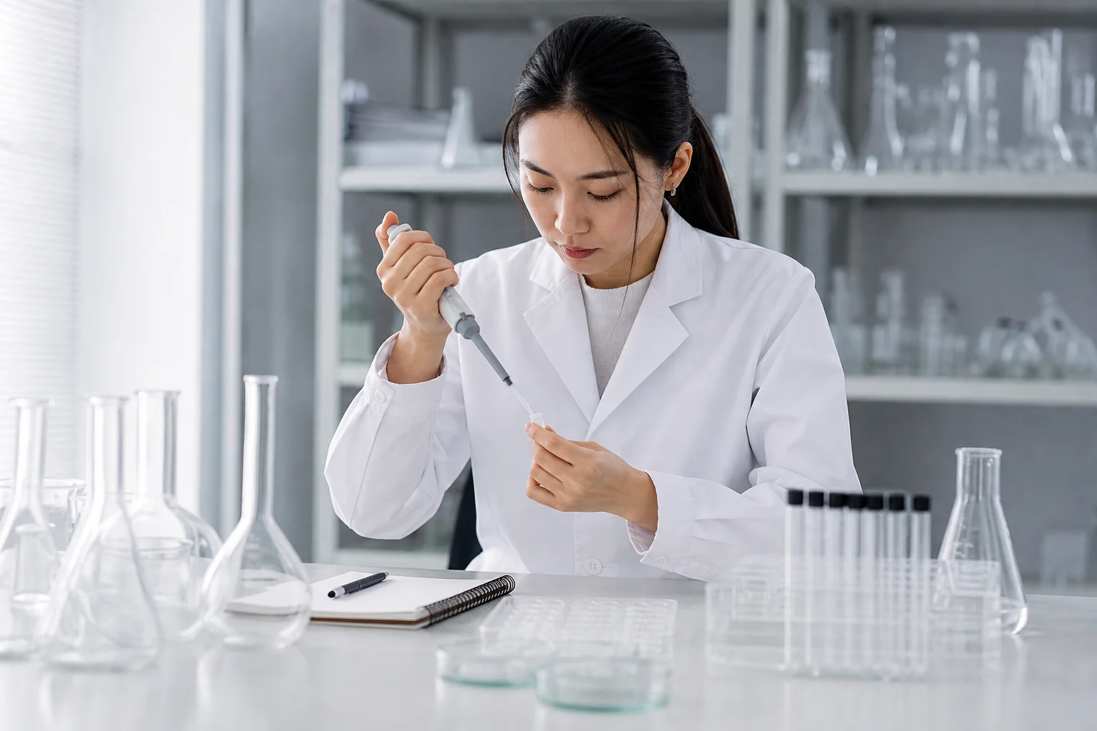 Overhead view of organized peptide research consumables including bacteriostatic water, syringes, and pipette tips on a lab bench