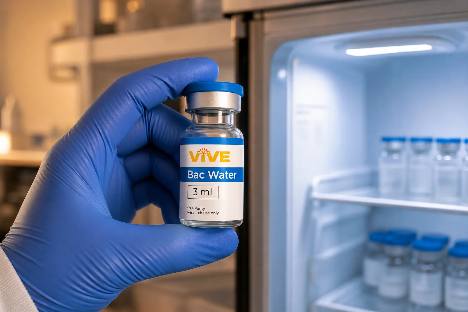Gloved researcher holding a VivePeptides bacteriostatic water vial during lab storage